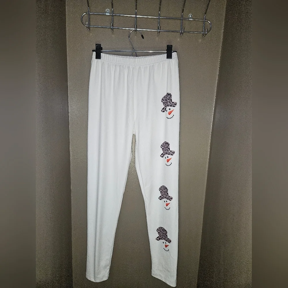 Snowman Print Fleece Lined Leggings Womens Med Winter Graphic Cozy Stretch Pants - Picture 2 of 9